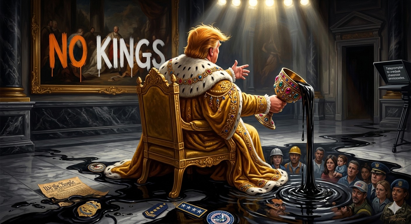 A toupee'd monarch in golden robes sits on an ornate throne, obliviously spilling crude oil from a jewel-encrusted chalice onto marble floors where scattered documents and badges are consumed. Behind him, a classical painting is defaced with spray-painted block letters: NO KINGS.