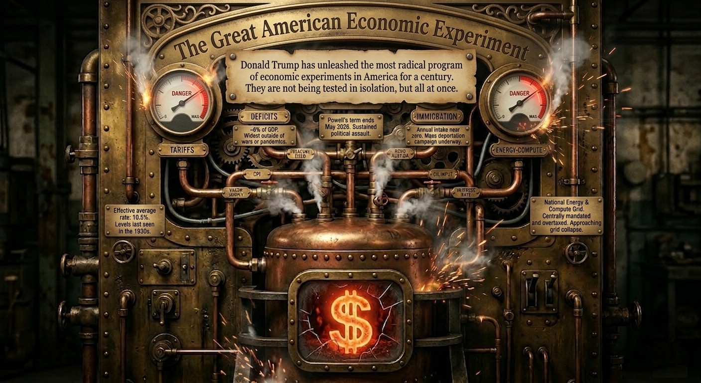 The Great American Economic Experiment — steampunk boiler with two danger gauges, five labeled pipe systems (Tariffs, Deficits, Fed Independence, Immigration, Energy-Compute), and annotated 2026 data.