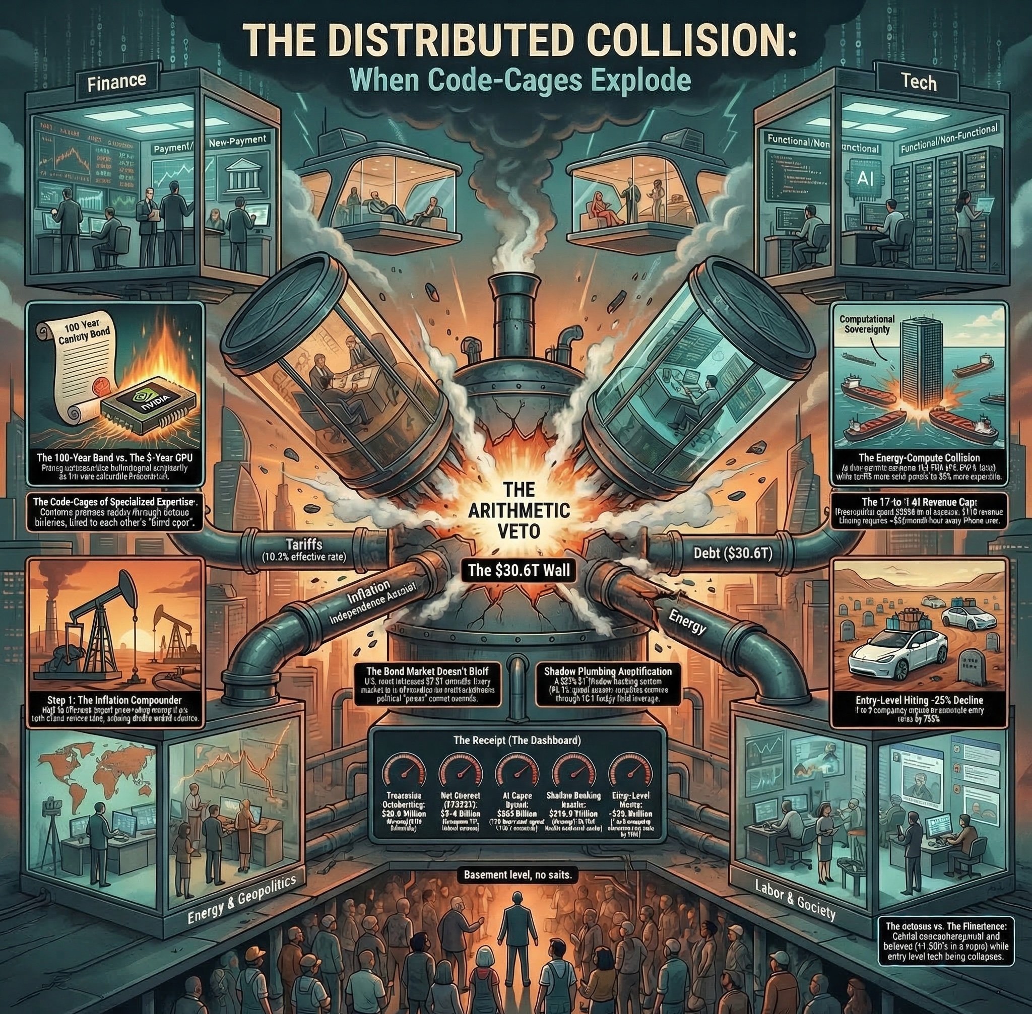 The Distributed Collision: When Code-Cages Explode — visual map of the series showing how finance, tech, energy, labor, and geopolitics collide through the arithmetic veto