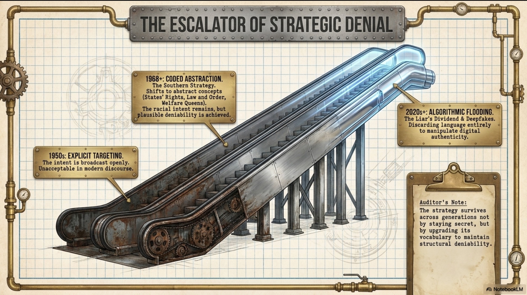 The Escalator of Strategic Denial — three escalators in one machine: a rusted 1950s escalator labeled Explicit Targeting, a brushed-steel 1968+ escalator labeled Coded Abstraction (the Southern Strategy), and a glowing translucent 2020s+ escalator labeled Algorithmic Flooding (the liar's dividend and deepfakes). Auditor's note: the strategy survives across generations not by staying secret, but by upgrading its vocabulary to maintain structural deniability.
