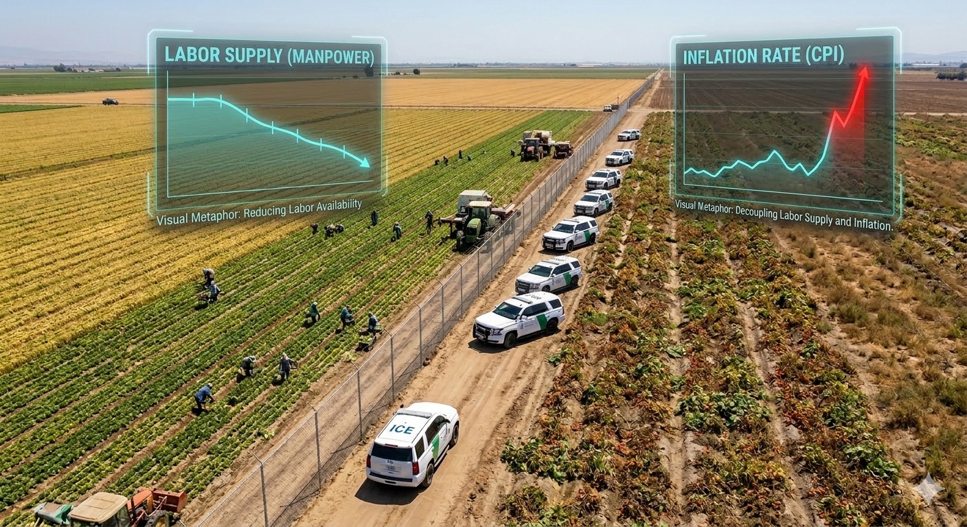 Bird's-eye view of American agricultural landscape — left side harvested with workers, right side rotting and unharvested. ICE vehicles along a fence. HUD overlays show labor supply declining and inflation spiking.