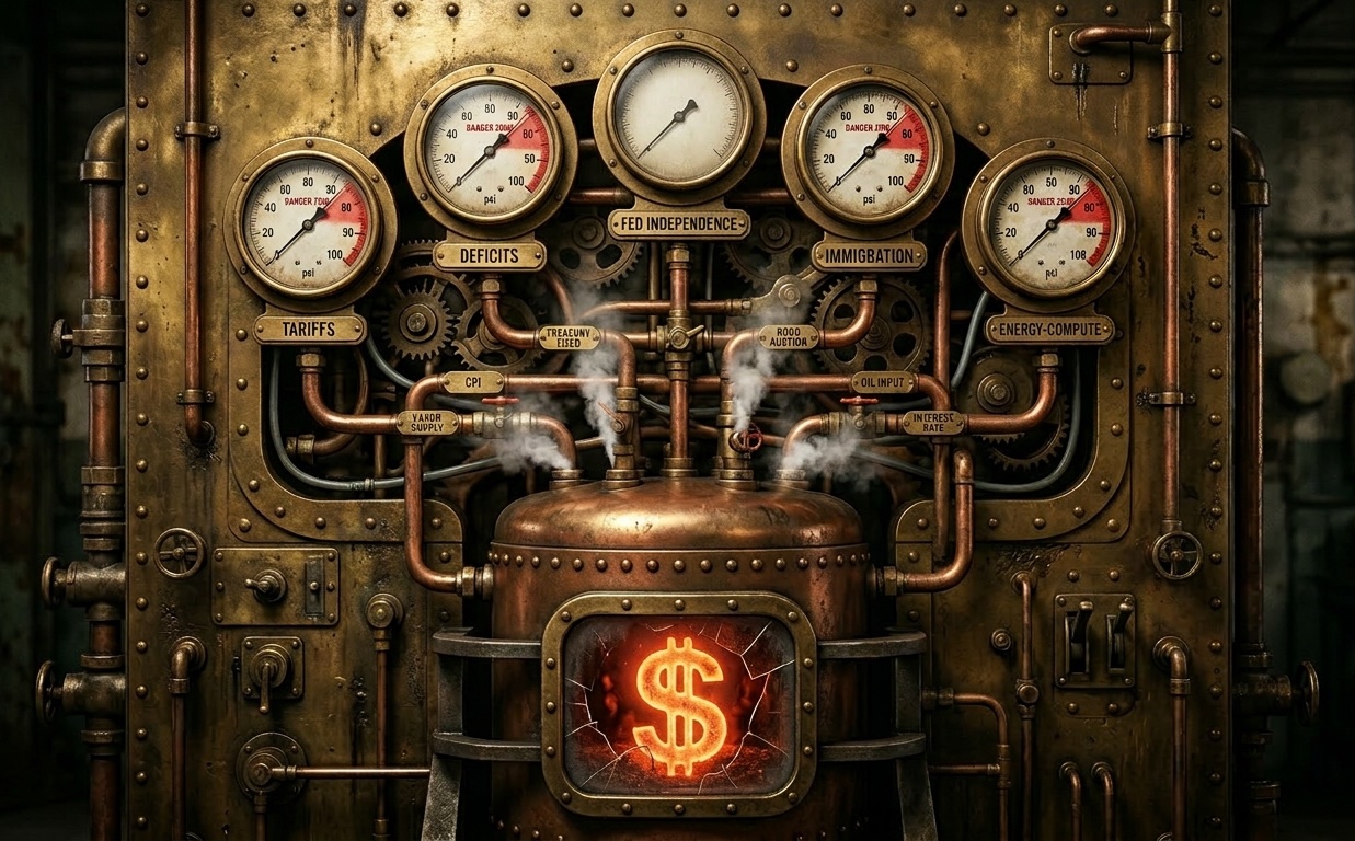 Five pressure gauges connected to a single boiler — the machine behind the wall