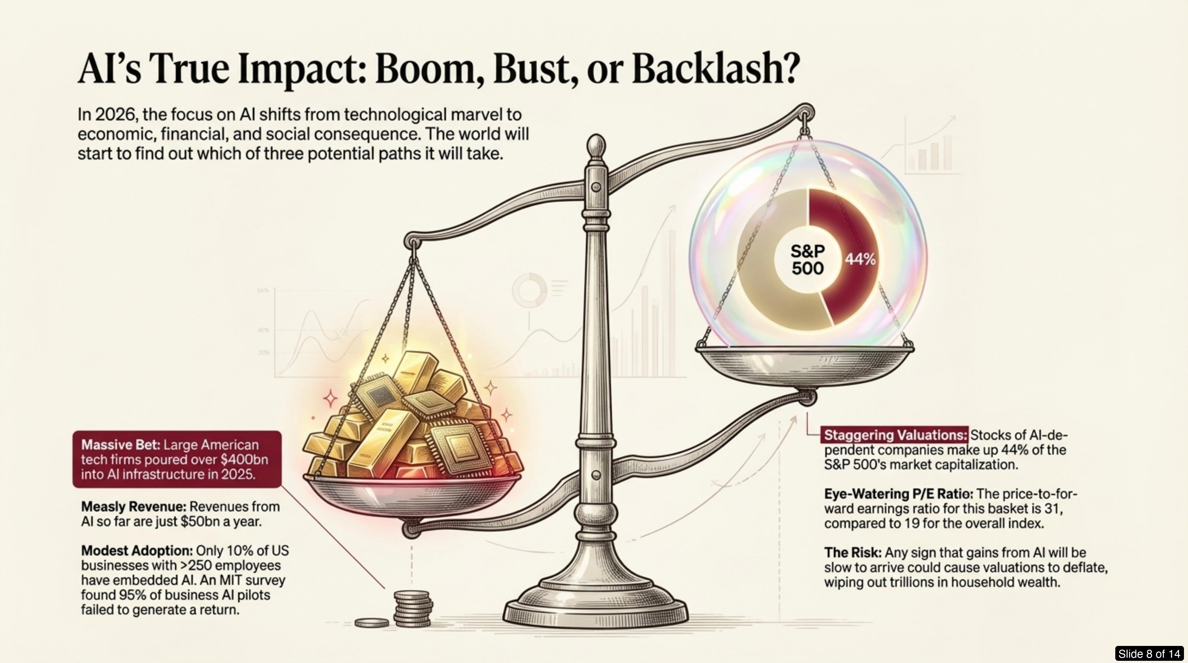 Slide 8: AI's True Impact — Boom, Bust, or Backlash?