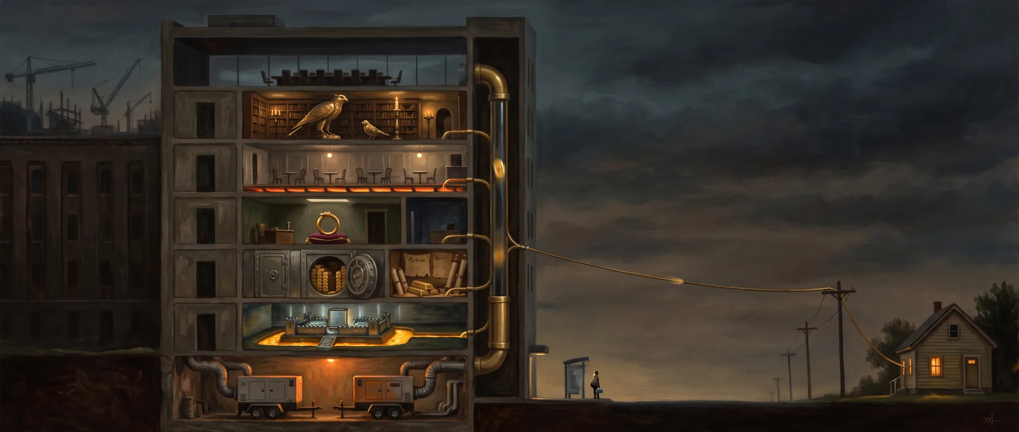 Allegorical oil painting: a seven-story building in architect's cutaway — mobile generators in the basement, a chip fortress with a gold moat, a vault of bars and gilded scrolls, an ouroboros on a cushion, a café over a glowing boiler, a library with a falcon and sparrow, and an empty penthouse boardroom — all joined by one brass pneumatic loop carrying a single gold token, with one thin line leaving the building to feed a farmhouse electric meter; a lone figure waits at the bus stop below.