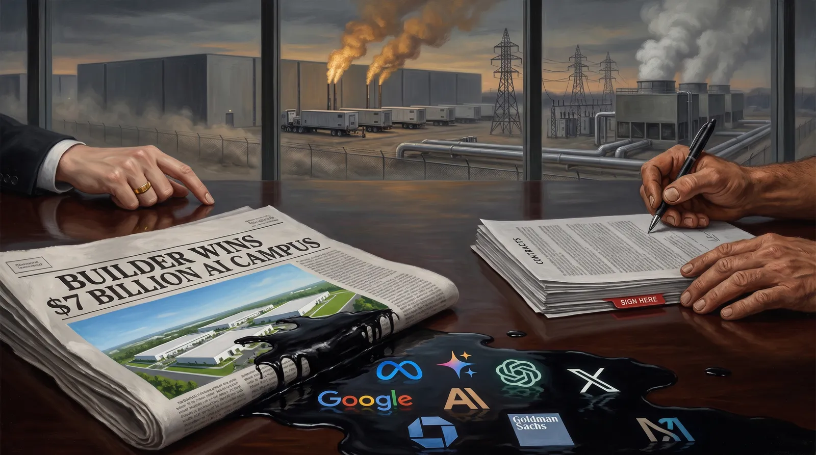 Allegorical oil painting: on a boardroom table, a newspaper headline reads BUILDER WINS $7 BILLION AI CAMPUS above a sanitized aerial photo of a data-center campus; black ink spills off the page into a pool reflecting AI-company and bank logos; a weathered hand signs a thick fine-print contract while, through the window, the real campus runs on trailer-mounted gas turbines beside a switchyard and cooling towers.