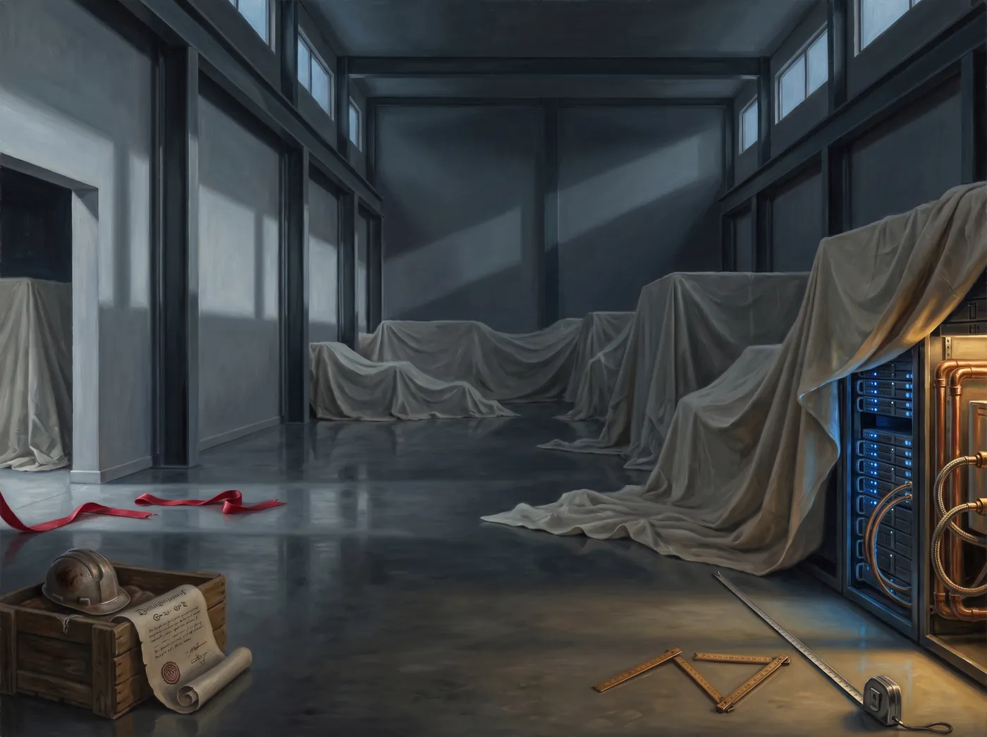 Allegorical oil painting: an opening-day data hall almost entirely under white dust sheets, one small corner alive with blue liquid-cooled racks, a cut red ribbon at the boundary.