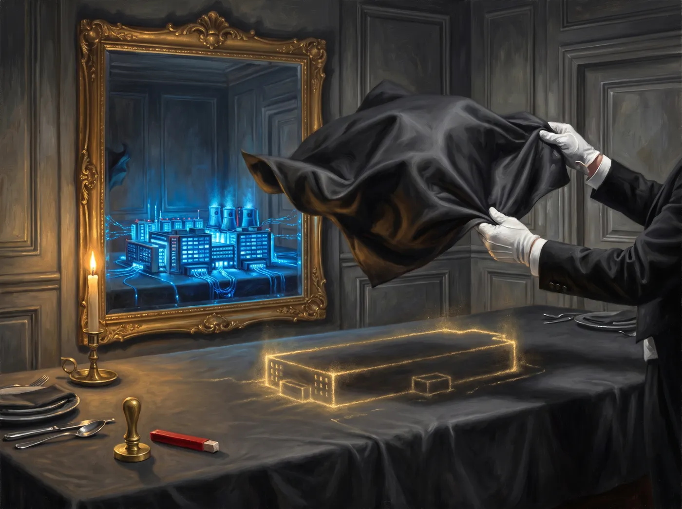 Allegorical oil painting: white-gloved magician hands sweep a black silk from a banquet table leaving only a golden dust outline of a campus, while the gilt mirror behind still shows the building fully lit.
