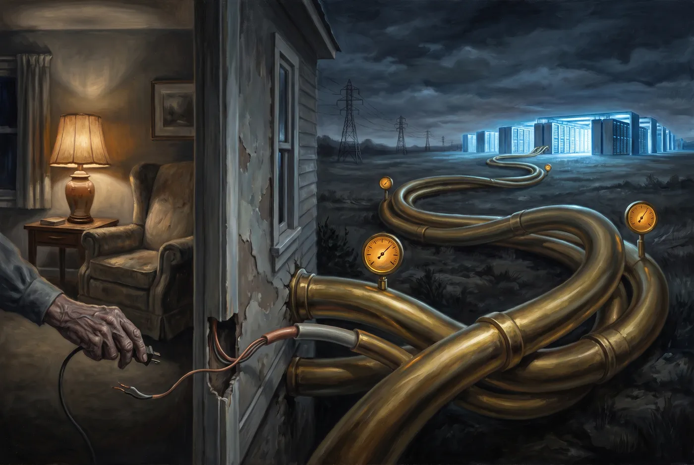 Allegorical oil painting: a hand plugs in a modest lamp while, beyond the cutaway wall, the household wire joins monstrous swelling brass conduits running across dark fields into a blazing blue campus, meters mounted along the trunk.