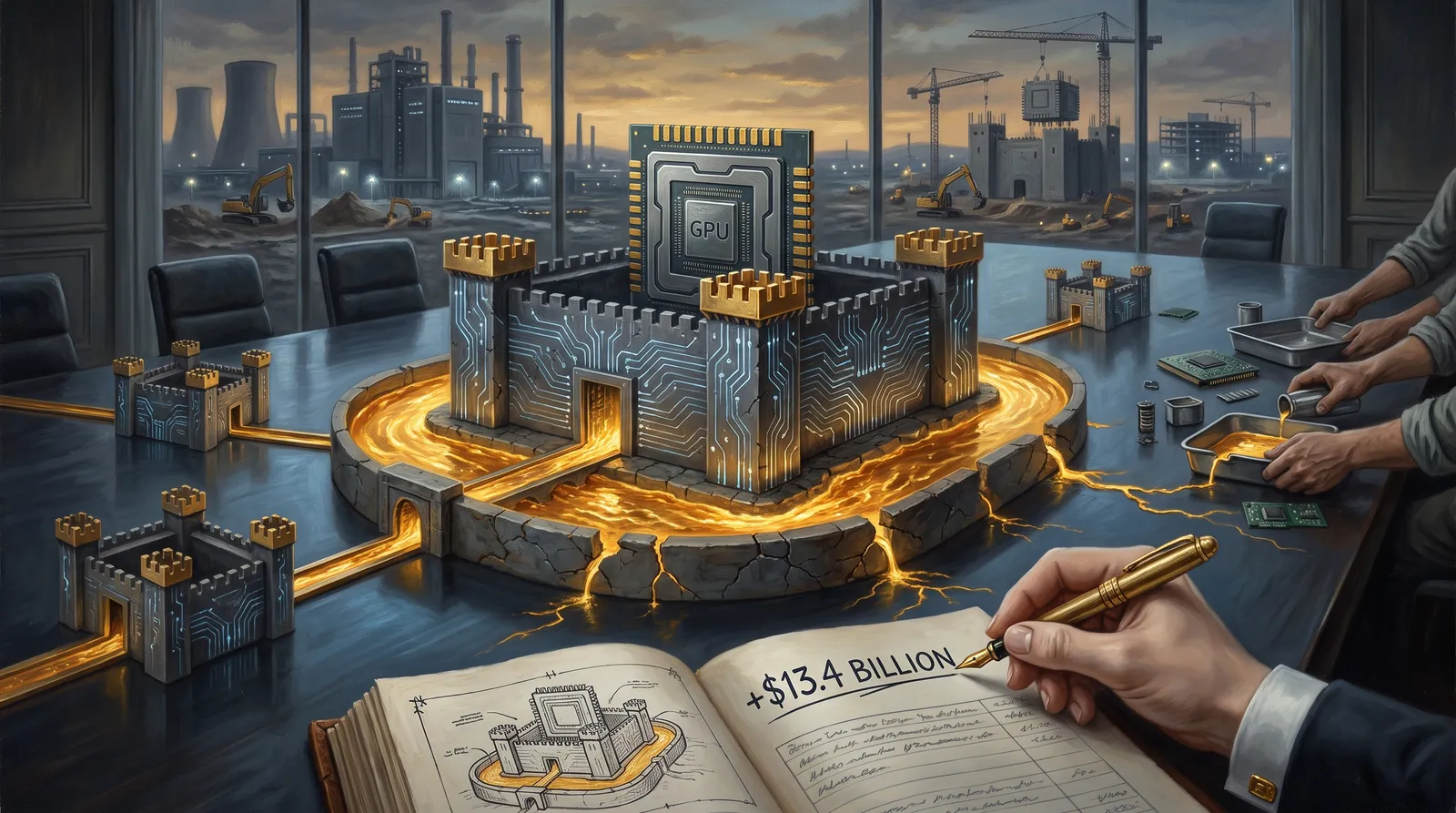 Allegorical oil painting: a fortress built from a giant silicon chip, ringed by a moat of molten gold that circulates out to smaller keeps and back; the moat wall is cracked and gold drains toward workshop hands catching it in steel pans; in the foreground a manicured hand writes +$13.4 billion in a leather ledger whose facing-page sketch shows the moat fuller than the real one.