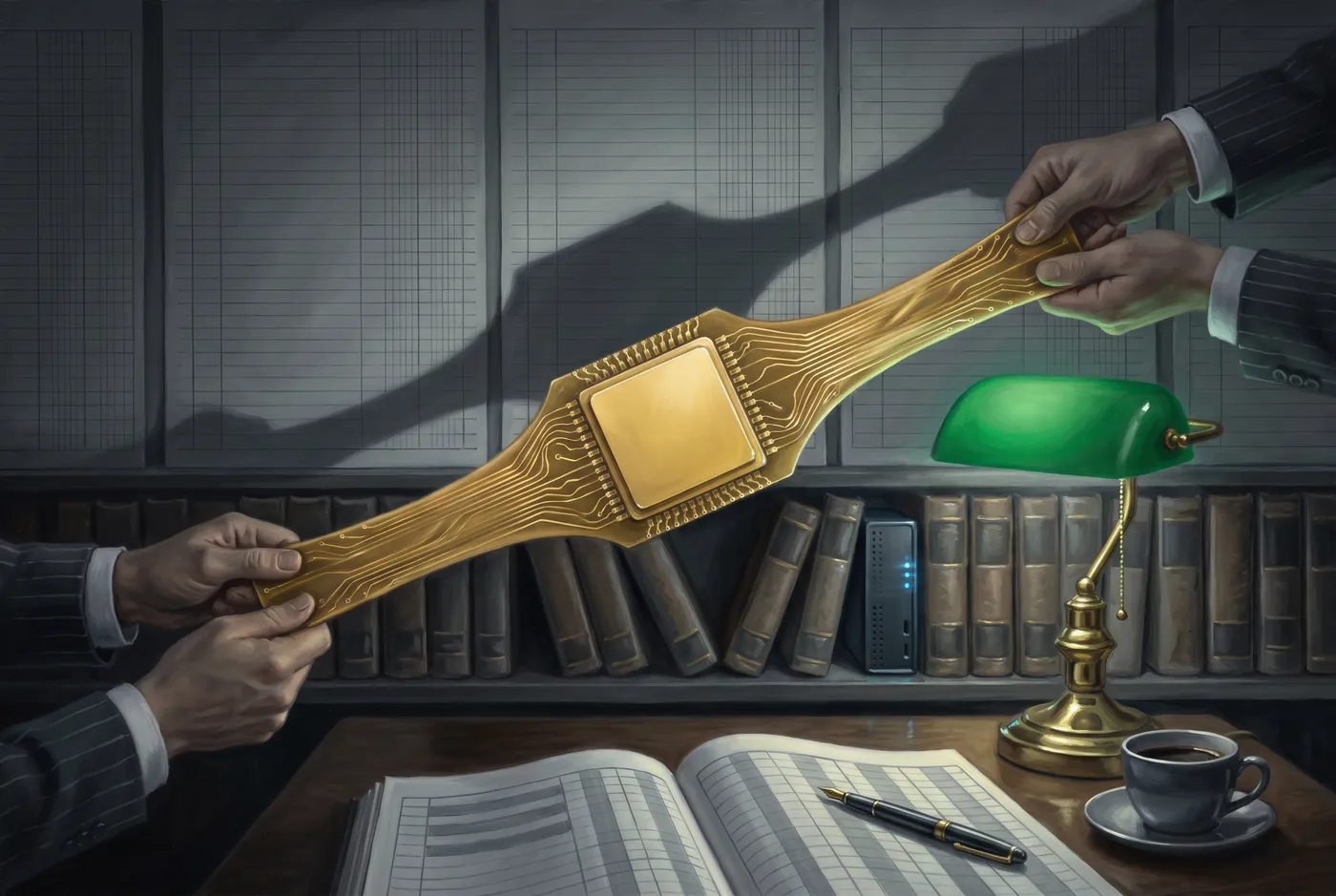 Allegorical oil painting: two pairs of pinstriped hands stretch a golden computer chip like taffy under a green banker's lamp, the die blank gold.
