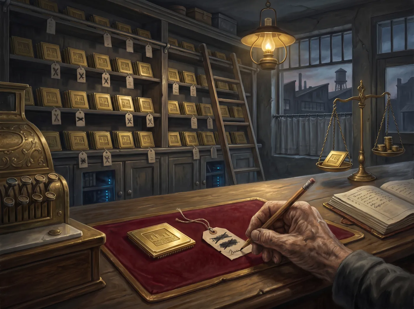 Allegorical oil painting: a rental counter of pristine golden chips, each shelved with a paper tag showing a ladder of crossed-out markdowns, a hand penciling the newest one.