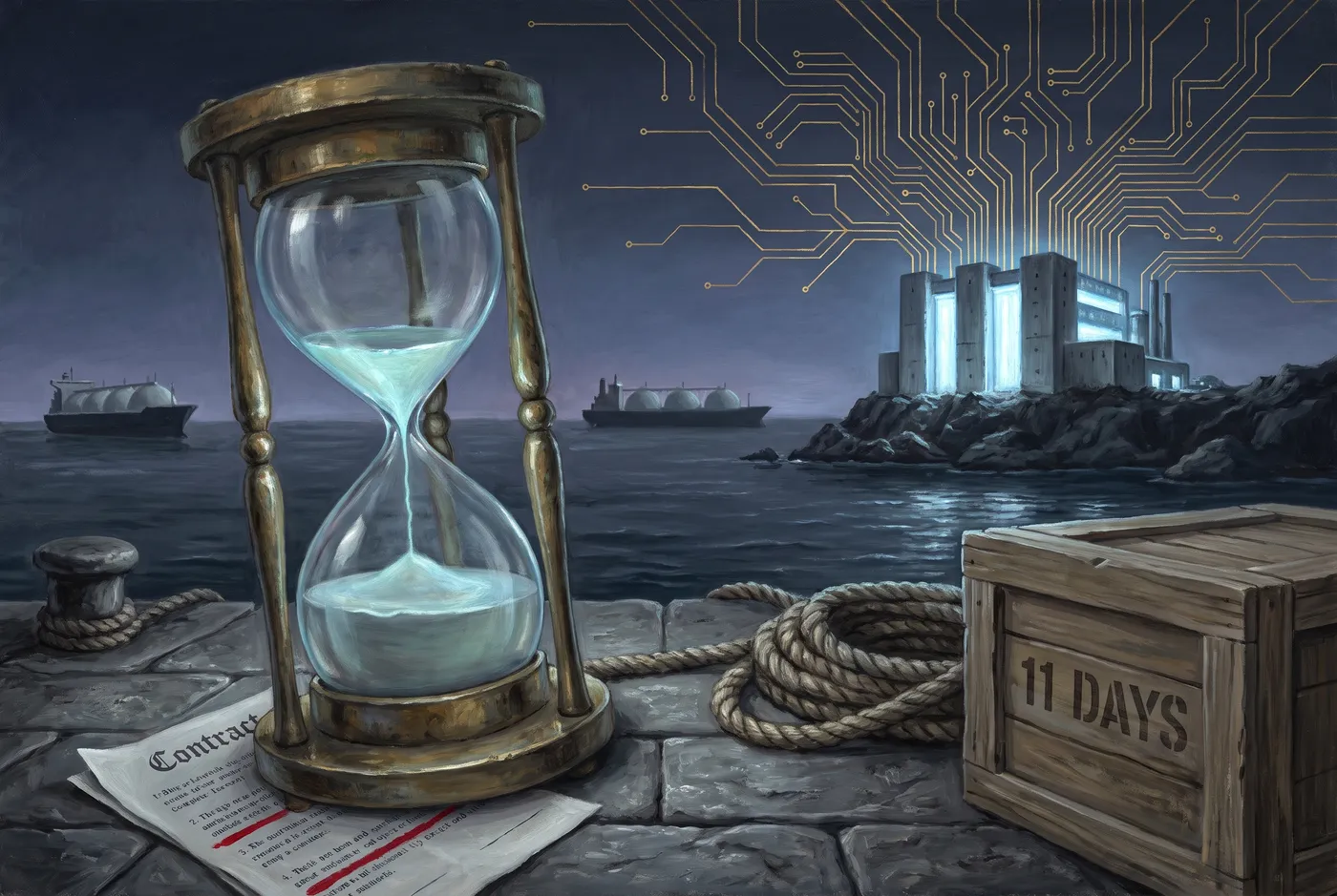 Allegorical oil painting: a brass hourglass of pale-blue liquefied gas nearly run through on a harbor dock stenciled 11 DAYS, while across the strait a glowing island fab radiates a golden circuit constellation into the sky.