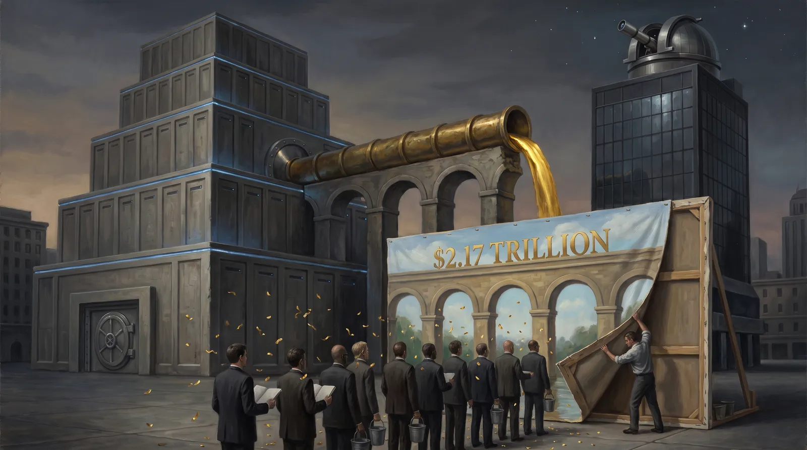 Allegorical oil painting: a real brass aqueduct pours molten gold from a blue-lit data-center ziggurat toward a glass laboratory tower, while the return span of the loop is revealed to be a painted theatrical flat on wooden scaffolding reading $2.17 trillion; a queue of brokers seen from behind waits beneath the scenery with buckets and ledgers.