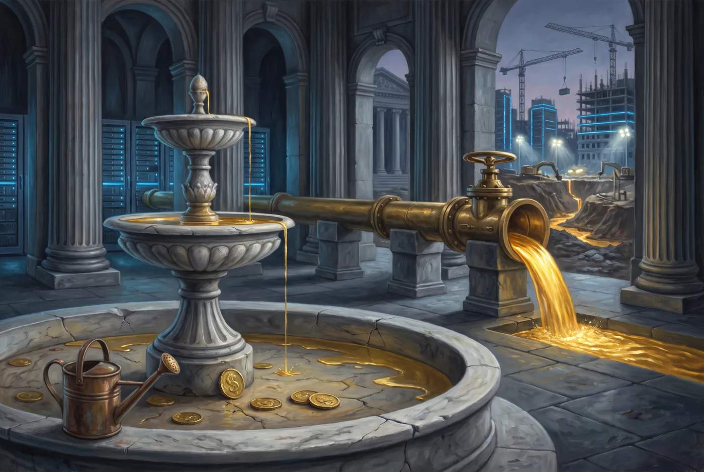Allegorical oil painting: a grand marble fountain running dry, coins exposed in the basin, while a massive brass diverter valve sends the golden river out of the courtyard into a floodlit construction site.