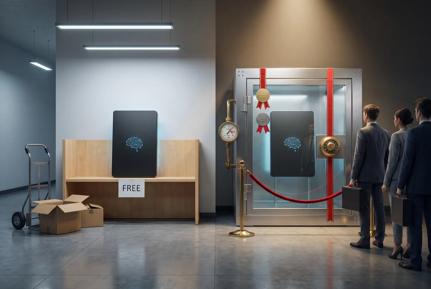 Photorealistic editorial illustration: two identical neural-patterned drives in a corporate lobby &mdash; one on a plain shelf marked FREE with nobody near it, the other sealed in a certified bank-grade case with a brass meter bolted to its side, where a queue of enterprise buyers waits behind a velvet rope.