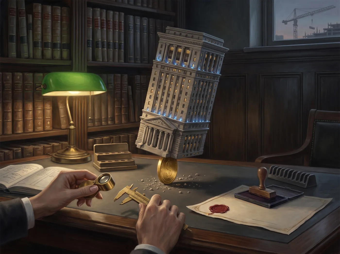 Allegorical oil painting: an entire miniature bank headquarters balanced on a single gold coin standing on edge while hands measure the coin with loupe and caliper beside a wax-sealed blank certificate.