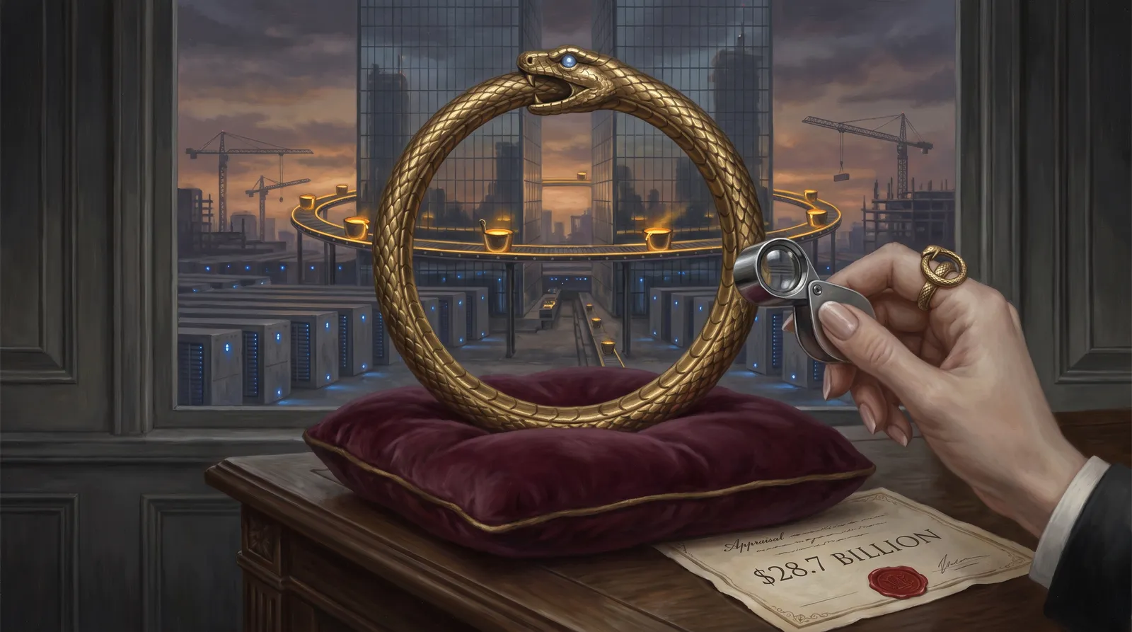 Allegorical oil painting: a golden ouroboros ring displayed on a velvet cushion beside an appraisal certificate reading $28.7 billion; the appraiser's hand holds a loupe while wearing an identical smaller ouroboros ring; through the window, a closed conveyor loop of gold buckets circulates between towers above datacenter halls.
