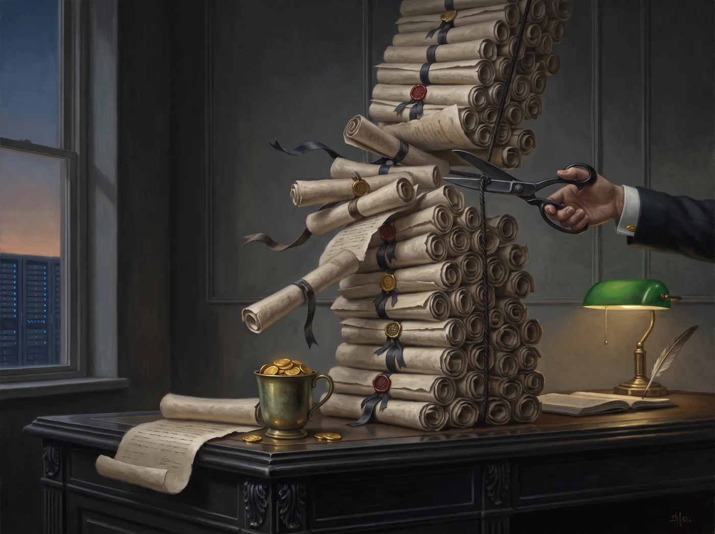 Allegorical oil painting: a small brass cup of coins dwarfed by a leaning tower of wax-sealed contract scrolls, while a suited hand with tailor's shears snips the binding and the tower's upper third tumbles.