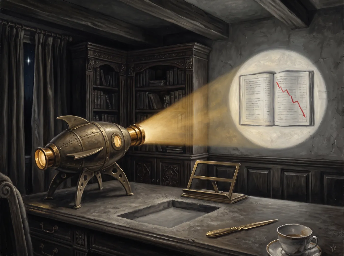 Allegorical oil painting: a rocket-shaped brass magic lantern projects a descending red ledger line onto a study wall; on the desk below, an empty recess and a bare book stand where the real books should be.