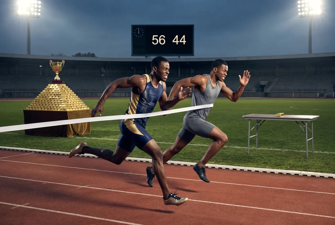 Photorealistic editorial illustration: a dead-heat photo finish, two sprinters chest-level as the tape breaks, while past the line a pyramid of gold bars and a trophy wait on one side and a single gold bar on a folding table waits on the other; the scoreboard reads 56 and 44.