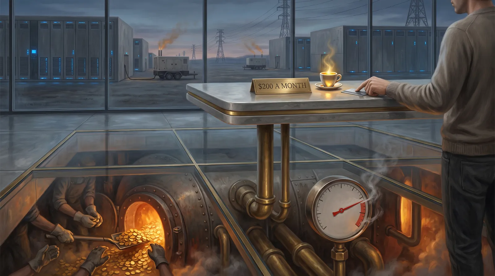 Allegorical oil painting: a customer stands at a polished café counter with a brass placard reading $200 a month and a tiny cup of molten gold; beneath the glass floor, gloved hands shovel gold coins into a furnace piped up to that single cup, its pressure gauge pinned in the red; datacenter halls and a mobile generator trailer sit beyond the windows.