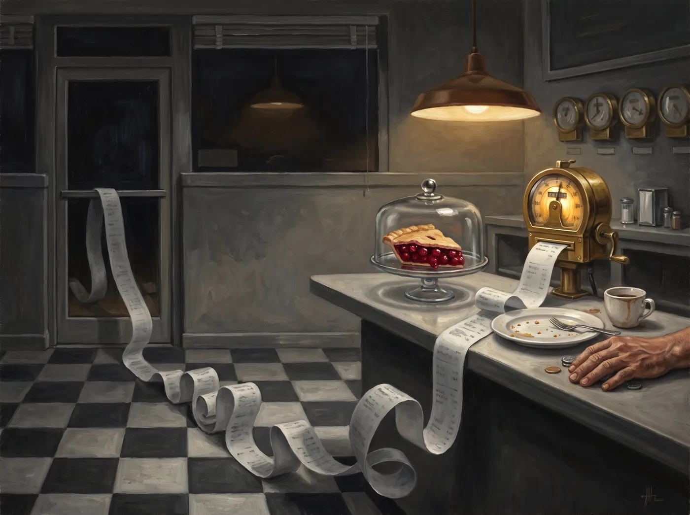 Allegorical oil painting: a diner counter with a finished breakfast and coins in a worn hand, while the brass taxi meter beside the register prints a receipt so long it loops across the checkered floor and out the door.