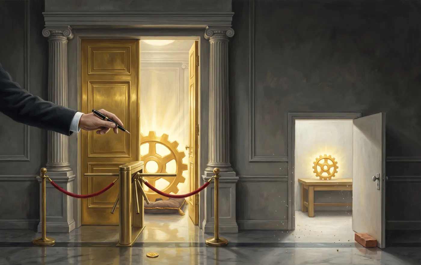 Allegorical oil painting: the bank's own gilded frontier gate with turnstile and velvet ropes, a radiant gold gear on a cushion inside, while the banker's arm points a fountain pen at a small service door propped open with a brick, through which the same gear glows on a plain workbench.
