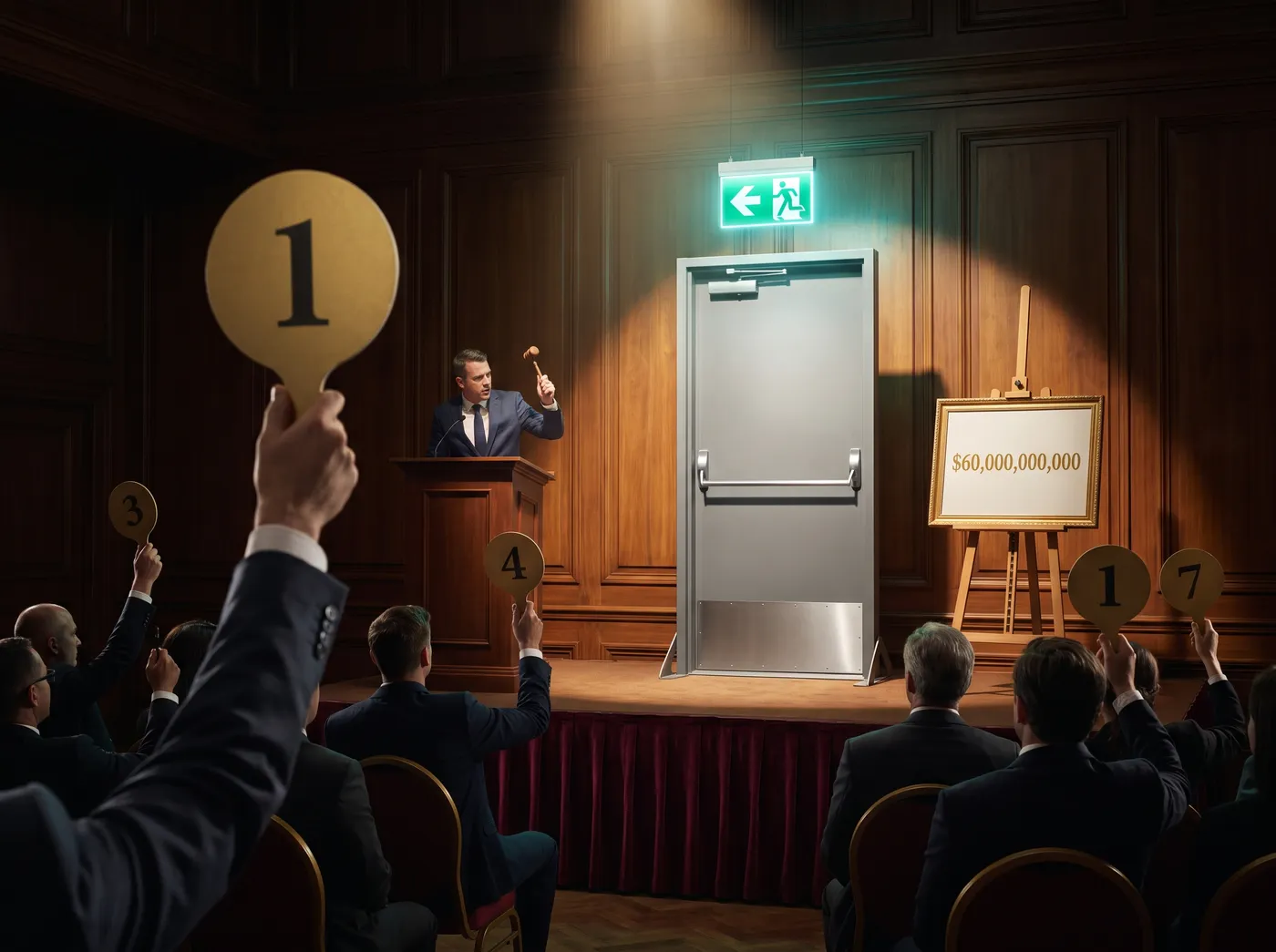 Photorealistic editorial illustration: an auction room where the lot on the velvet platform is a plain emergency-exit door under a gallery spotlight, green exit pictogram above it, gavel raised, one absurdly large gilded paddle rising from the front row, and a lot card reading sixty billion dollars.