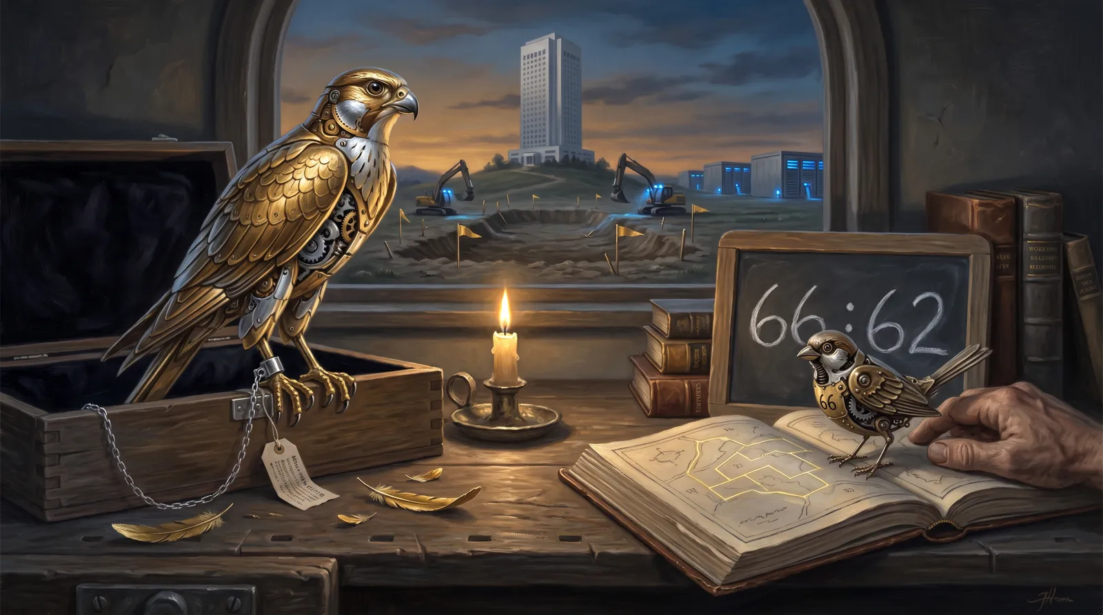 Allegorical oil painting: a gilded mechanical falcon chained to its rental crate faces a small brass sparrow standing free on an atlas of gold-inked maps, a chalkboard score of 66 to 62 between them; through the window, a white tower is ringed by a shallow, barely dug trench already planted with victory pennants.