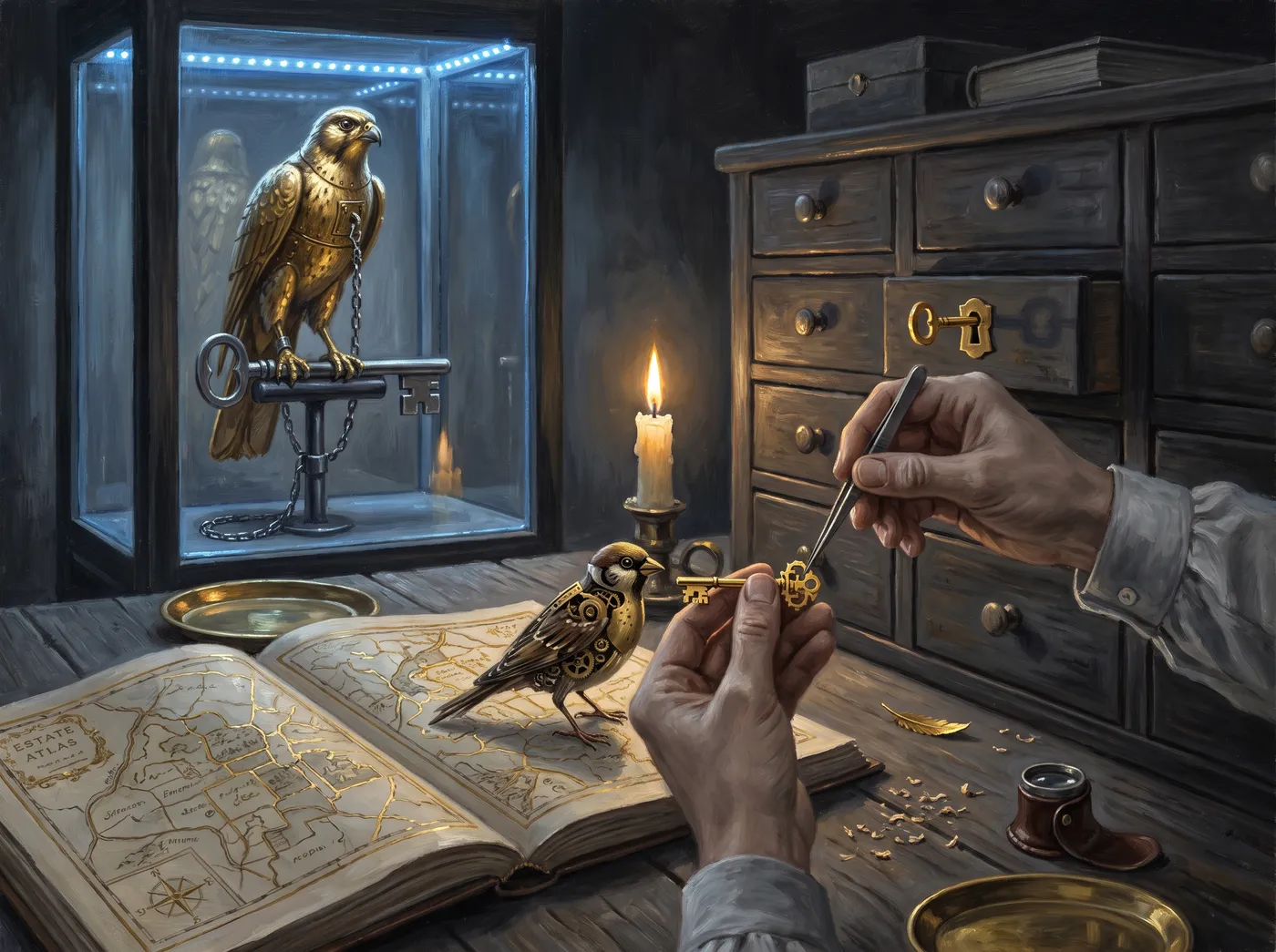 Allegorical oil painting: watchmaker hands fit a small brass sparrow with a tiny custom-cut gold key that matches one drawer of the firm's own cabinet, while behind blue glass a grand gilded falcon perches chained on an enormous universal skeleton key.