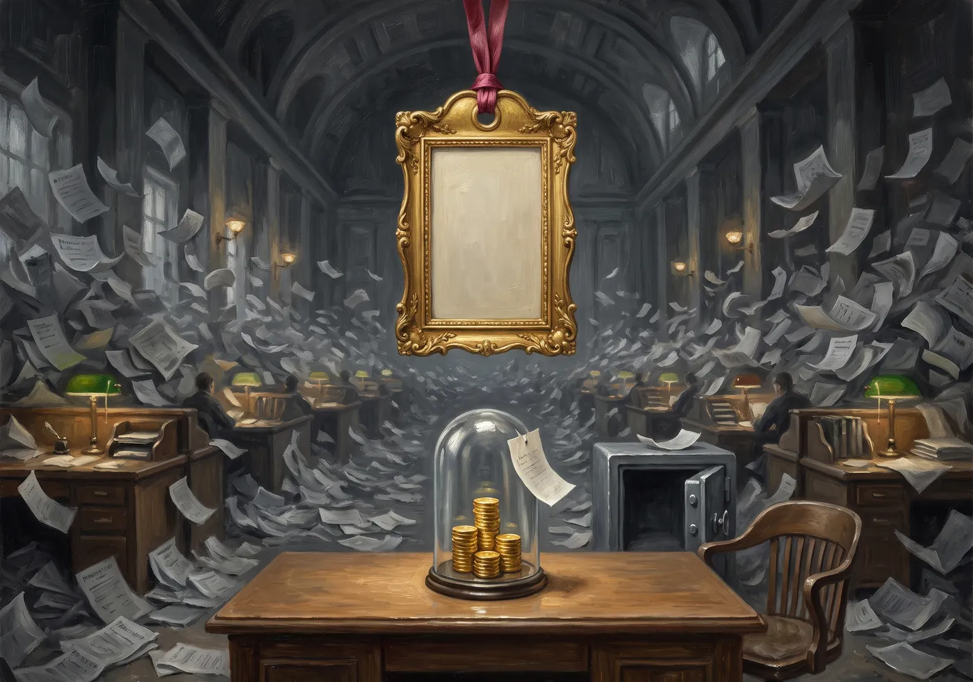 Allegorical oil painting: a counting house adrift in blank IOU paper at every desk except one, where a small stack of gold coins sits under a bell jar beneath an enormous ornate gilded price tag, completely blank, twenty times the coins' size.