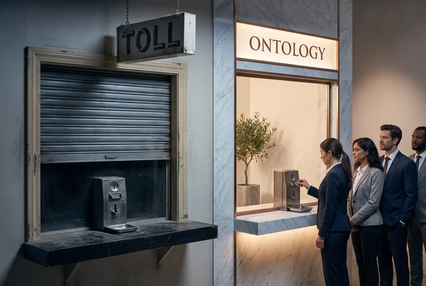 Photorealistic editorial illustration: one continuous wall with two service windows &mdash; a shuttered, dusty window under a worn metal TOLL sign, and next door the same window reborn in marble under a backlit ONTOLOGY sign, an olive tree beside it, the identical worn coin slot on its counter, and a queue of businesspeople paying there.