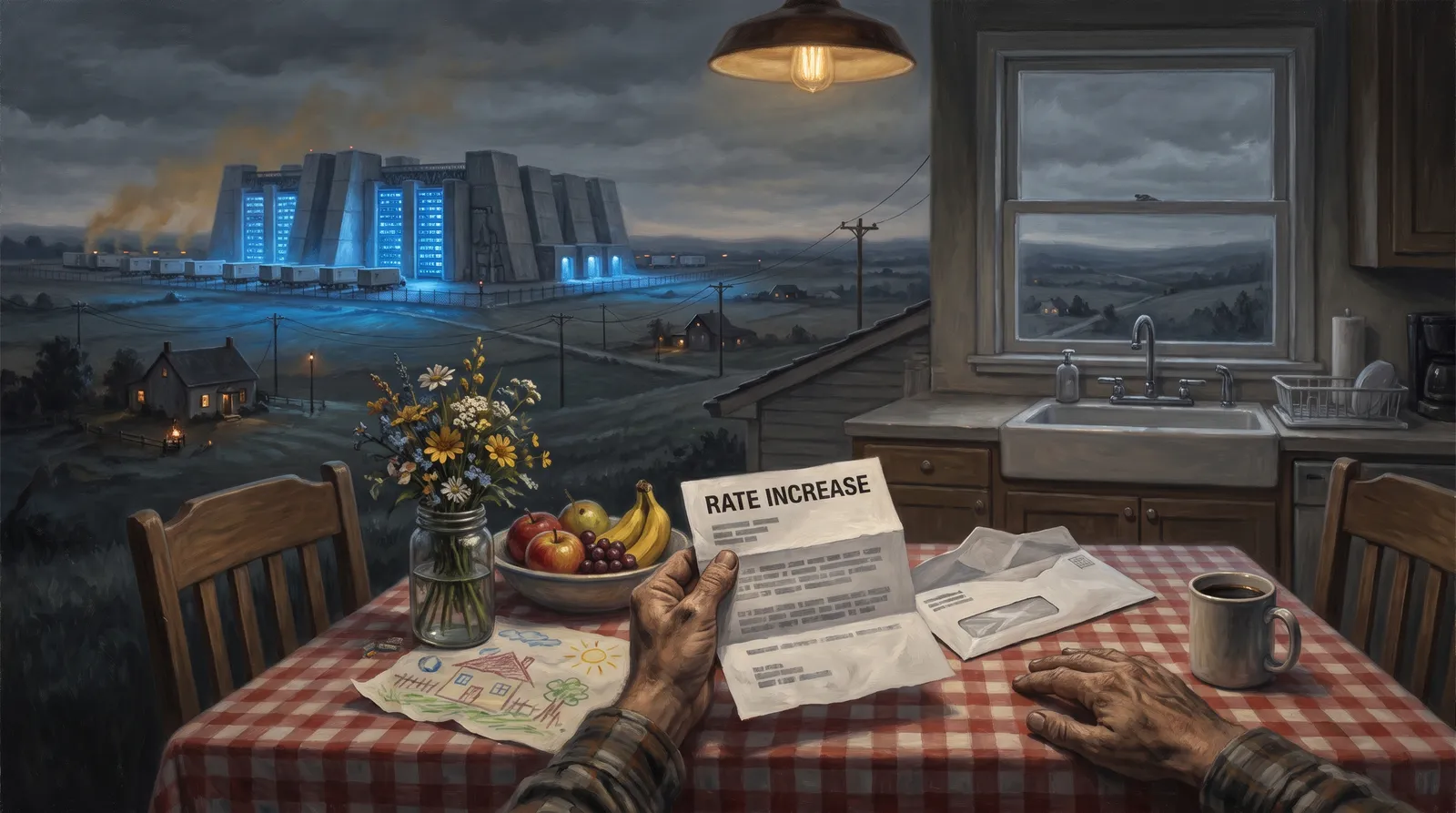Allegorical oil painting: at a tidy farm kitchen table with flowers, fruit, and a child's crayon drawing, weathered hands hold a letter headed RATE INCREASE; the kitchen wall opens onto the valley, where every farmhouse sits dim while a distant data-center campus blazes blue behind its generator haze.