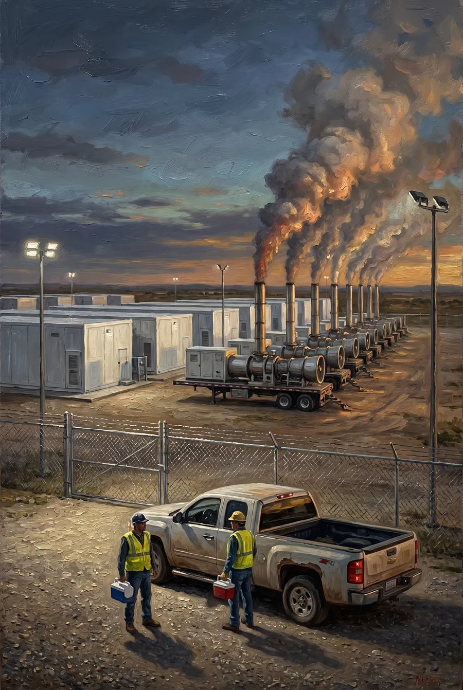 Panel one of an allegorical triptych: mobile gas turbines massed at an industrial fenceline at dusk, exhaust beginning to rise.