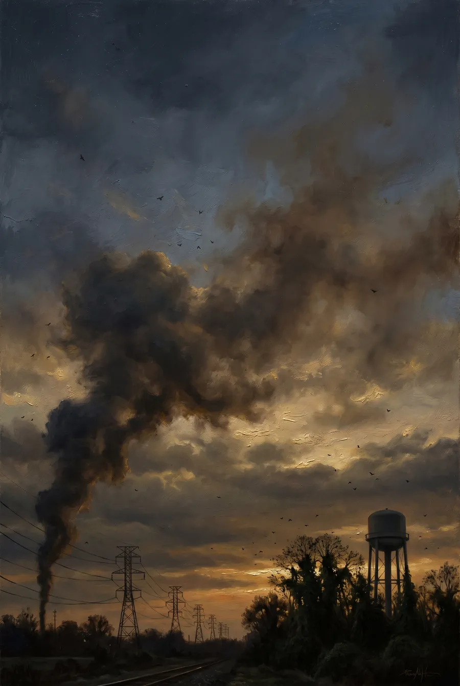 Panel two: the exhaust plume spreading into a bruised evening sky over power lines and rooftops.