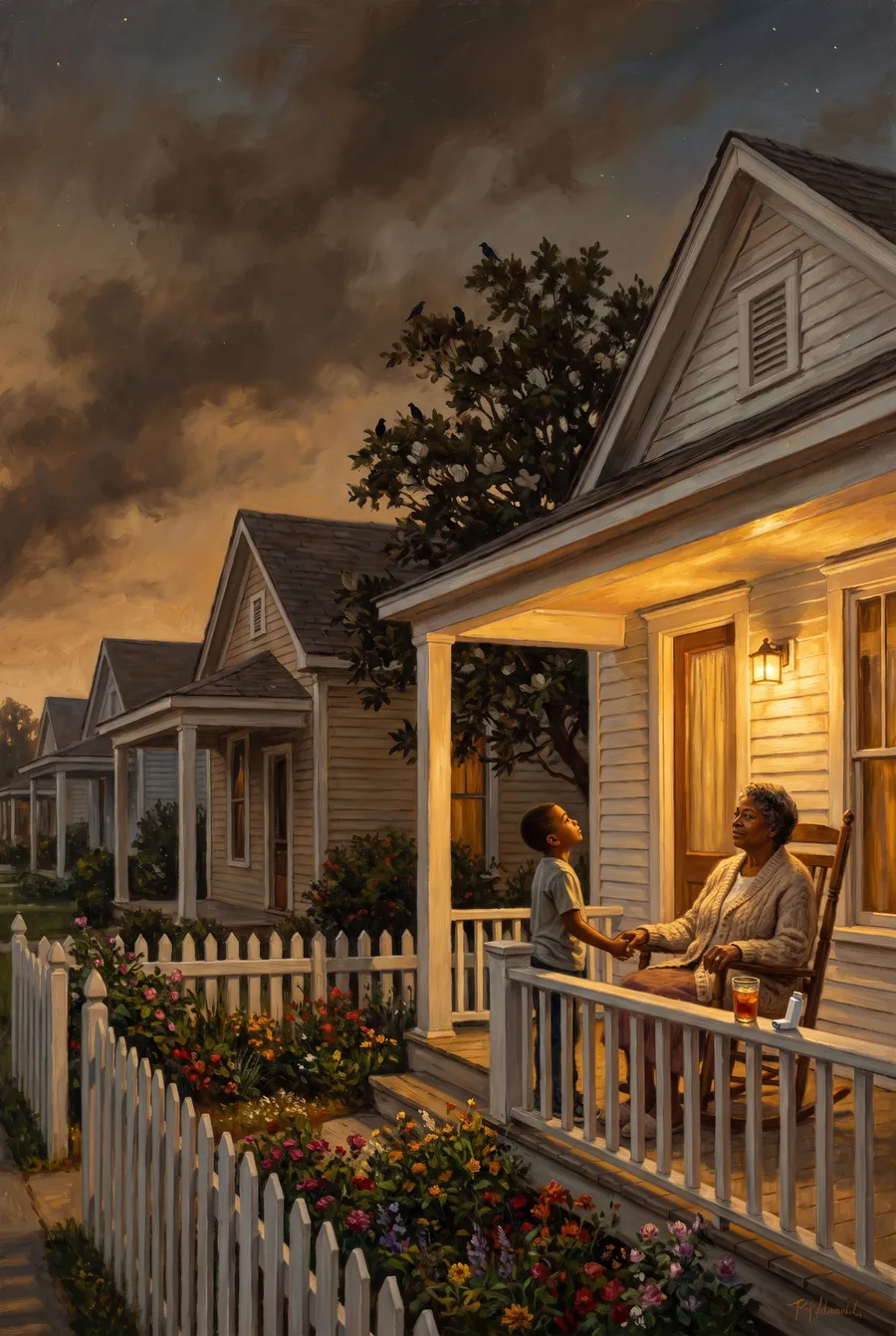 Panel three: a family on a well-kept front porch under that same sky, porch light on, holding their ground.